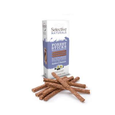 A box of Selective Naturals Forest Sticks, a snack for guinea pigs, in blackberry and chamomile flavor. The packaging is white and blue, featuring silhouettes of small animals and key product benefits. In front of the box, several textured, cylindrical treat sticks are displayed.