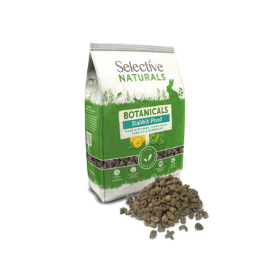 A bag of Selective Naturals Botanicals Rabbit Food, featuring green and white packaging with images of herbs such as mint, thyme, basil, parsley, and dandelion. The bag is standing upright, with rabbit-shaped kibble scattered in front of it. The packaging highlights that the food is made with natural ingredients and supports digestive health.