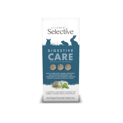 Packaging of Science Selective Digestive Care, a supplement suitable for rabbits, guinea pigs, and chinchillas. The box features silhouettes of small pets, three circular supplements, and images of chamomile, hay, and mint. The text highlights its high fiber content, natural prebiotics, and soothing ingredients like peppermint and chamomile to support digestive health.