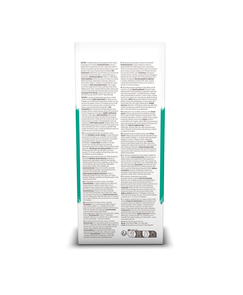 The back of the Science Selective Skin & Coat Care supplement package, displaying product information in multiple languages. The label includes ingredients, feeding instructions, and additional details about the supplement suitable for rabbits, guinea pigs, and chinchillas. Recycling symbols and other certifications are visible at the bottom.