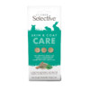The image shows a packet of Science Selective Skin & Coat Care, a supplement for small pets. The packaging features an image of rabbits on the front, along with the product name "Skin & Coat Care" in large letters. The product is enriched with nutritious spinach, Vitamin C, and nourishing linseed to help promote healthy skin and a glossy coat. It is suitable for rabbits, guinea pigs, and chinchillas, and is available in a 100g (3.5oz) packet.