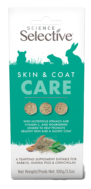 The image shows a packet of Science Selective Skin & Coat Care, a supplement for small pets. The packaging features an image of rabbits on the front, along with the product name "Skin & Coat Care" in large letters. The product is enriched with nutritious spinach, Vitamin C, and nourishing linseed to help promote healthy skin and a glossy coat. It is suitable for rabbits, guinea pigs, and chinchillas, and is available in a 100g (3.5oz) packet.