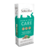 A package of Science Selective Skin & Coat Care supplement, suitable for rabbits, guinea pigs, and chinchillas. The packaging is teal and white, with the product's key ingredients, such as spinach, linseed, and hay, featured on the label. The product is designed to promote healthy skin and a glossy coat. The net weight is 100g/3.5oz, and the Supreme Petfoods logo is visible on the top left.