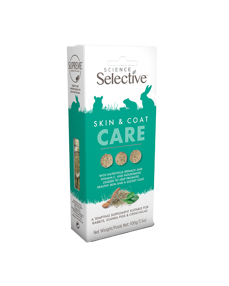 A package of Science Selective Skin & Coat Care supplement, suitable for rabbits, guinea pigs, and chinchillas. The packaging is teal and white, with the product's key ingredients, such as spinach, linseed, and hay, featured on the label. The product is designed to promote healthy skin and a glossy coat. The net weight is 100g/3.5oz, and the Supreme Petfoods logo is visible on the top left.