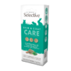 A package of Science Selective Skin & Coat Care supplement, suitable for rabbits, guinea pigs, and chinchillas. The packaging is teal and white, with a picture of the product's key ingredients like spinach, linseed, and hay. The label emphasizes the benefits of promoting healthy skin and a glossy coat and features various icons, including Vitamin C, digestion, and species-specific benefits. The net weight is 100g/3.5oz.