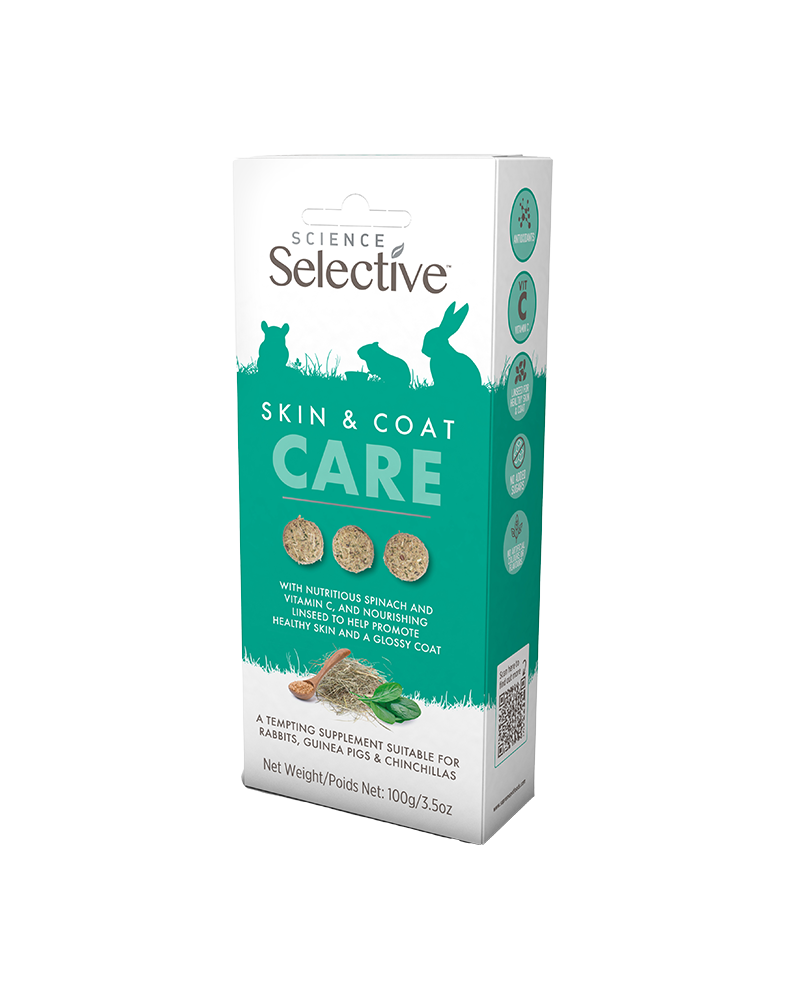 A package of Science Selective Skin & Coat Care supplement, suitable for rabbits, guinea pigs, and chinchillas. The packaging is teal and white, with a picture of the product's key ingredients like spinach, linseed, and hay. The label emphasizes the benefits of promoting healthy skin and a glossy coat and features various icons, including Vitamin C, digestion, and species-specific benefits. The net weight is 100g/3.5oz.